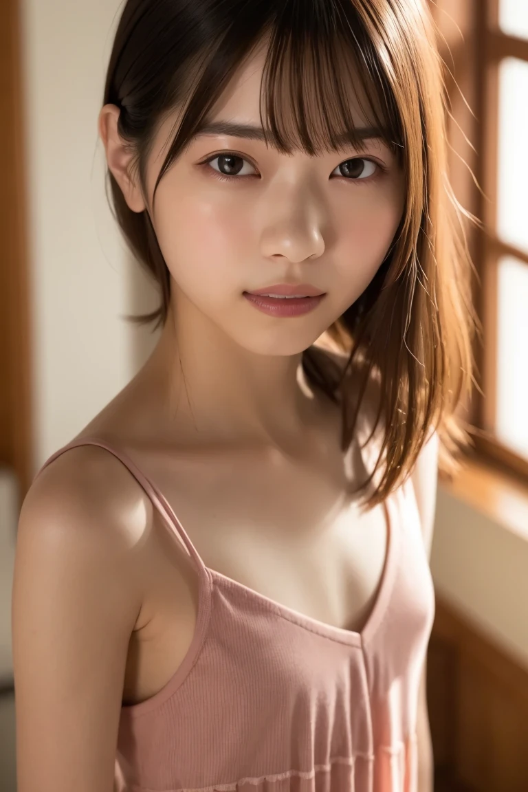 best quality, high-res, realistic photo, detailed skin texture, cute girl, shy, facing the camera, slim figure, small breasts, 10-year-old, charming gaze, Japanese girl, fair skin, white underwear, youthful appearance,