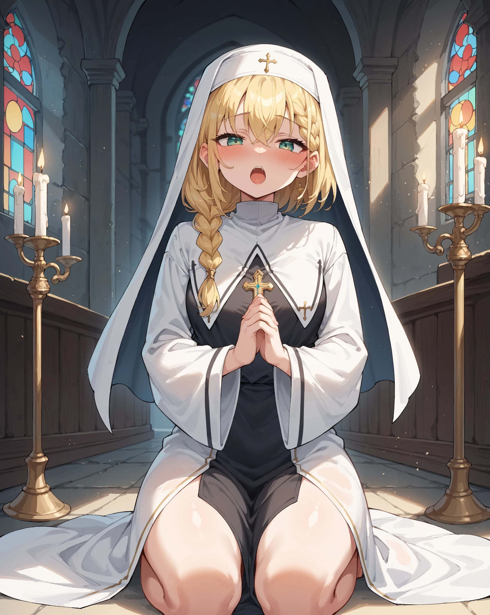 (((White hair:1.2))),(huge breasts:1.0),(embarrassing:1.3,smile:0.9),(ecstasy:1.2),(relax:0.9),(tears:1.1),(((((panties:1.2,stocking))),(vapor:1.1),(Sweat:1.2),(Long Sleeve),(((red and gold magic circle))),((at the Church)).(nun:1.1),masterpiece, highest quality, very detailed, dynamic angle, ((perfect hands)), detailed shiny skin, thin hair, fine eyes,), amazing background, meaningful background, absurd background, artistic overlay, and colorful hair. The style is surrealism, cinematic lighting, ray tracing,sacred light,((nsfw,open legs squat:0.9)),下から