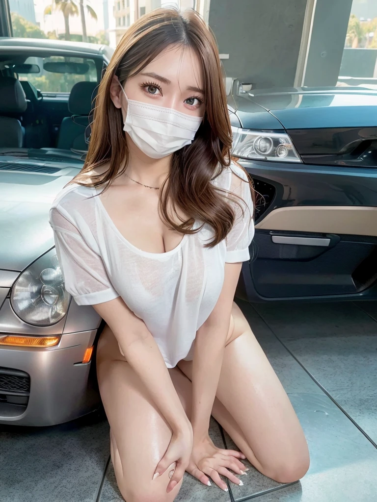 Age 25 Japanese female bikini Big Breasts Wearing a disposable mask Not looking at the camera H cup breasts Bigger Non-woven mask Plump Shy laugh Big Ass sitting in the passenger seat of a car Shot from the driver's seat