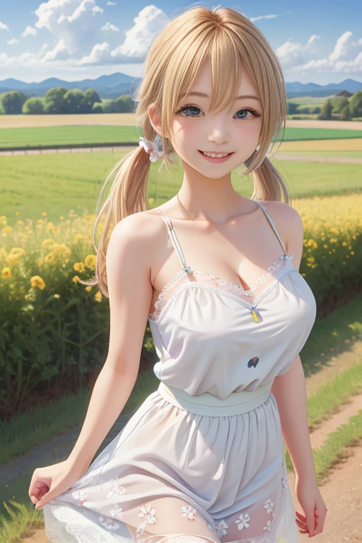 best quality, 4k, ((masterpiece)), extremely detailed, 8k, trending on ArtStation, Intricate, High Detail, Sharp focus,purple background,
1girl, single horn,solo, blonde hair, (dark-skinned female:1.2), long hair, (red eyes:1.2), pointy ears, open mouth,( yellow dress:1.1),sundress, tall female, cleavage, huge breasts, smile, field,tress, tall, blush, looking at viewer,  very long hair, :d,cowboy shot,blue sky, clouds,(arms behind back:1.2),