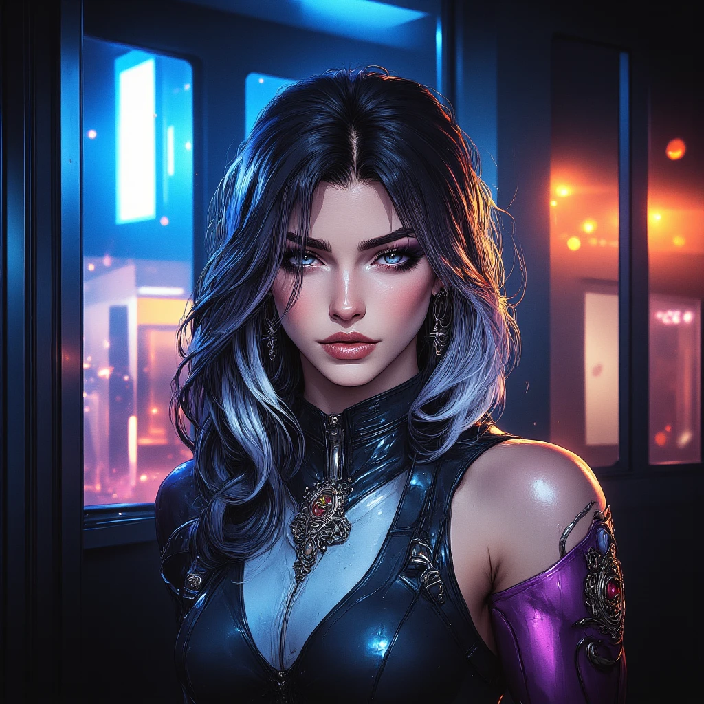 An ultra-realistic CG illustration of an american woman with a piercing gaze and bold makeup. She's wearing a leather jacket with a crop top, and her long hair is styled in a sleek updo.