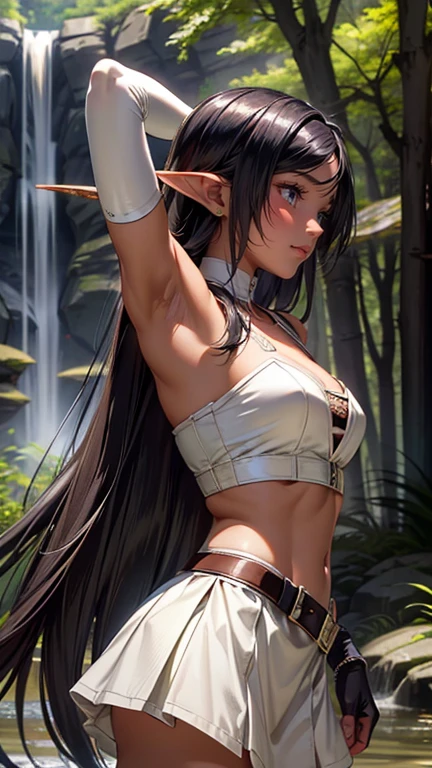 (masterpiece, best quality, 8k) 1 girl, blurred background, crucifixion, hands tied, legs tied, torso tied, low angle, braids, brown hair, sun, elf, erection, foreskin, futanari, green eyes, large, long hair, looking at viewer, female focus, navel, navel piercing, boy, outdoors, pectoral, pointy ears, signature, solo, uncensored, high resolution,
