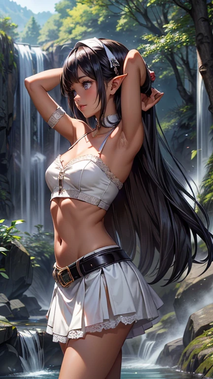 young woman, Asian, very long black hair, 20yo, by a majestic waterfall, tropical forest