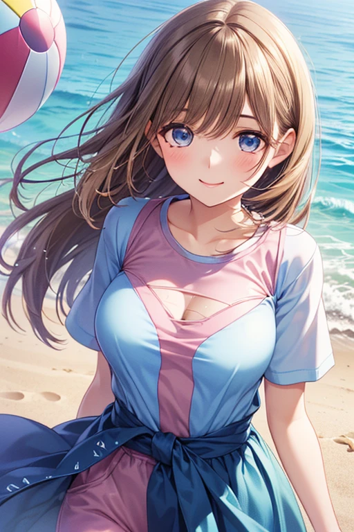 Hilda the trainer from pokemon, she has blue eyes, she wears a baseball cap from with her hair out the back of the baseball cap, she wears a skirt and a blouse the blous reveals her huge as she smiles at you, she is sitting on the beach, she has her hands on her chest, she has brown hair and bangs
