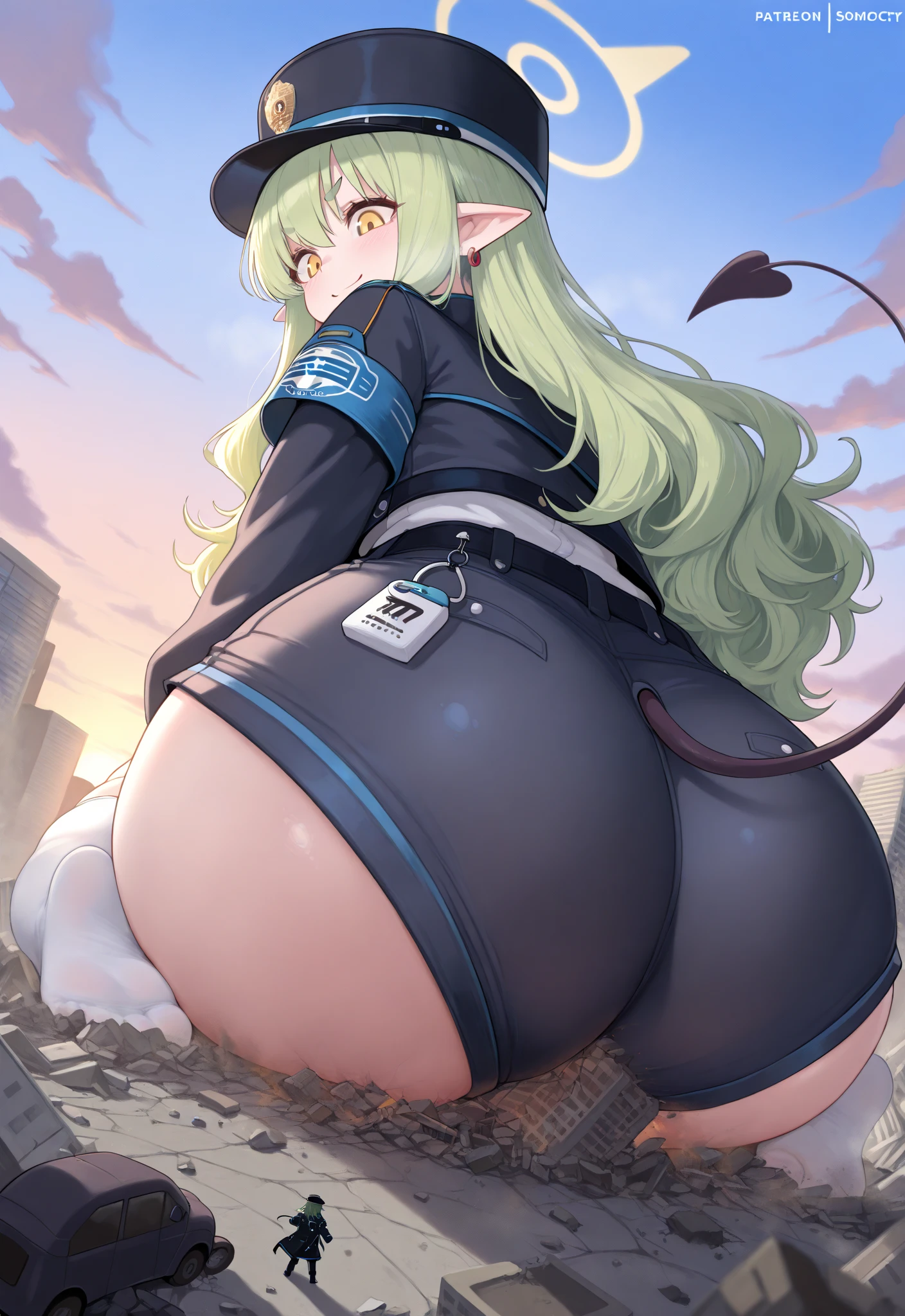 blush, outdoor, daytime, simple background, blue sky, wavy hair, sky, hands on butt, small short legs, avatar, solo, 1girl, look from behind, ass, squat, Sayu, farting, ass spread, 10 years old,