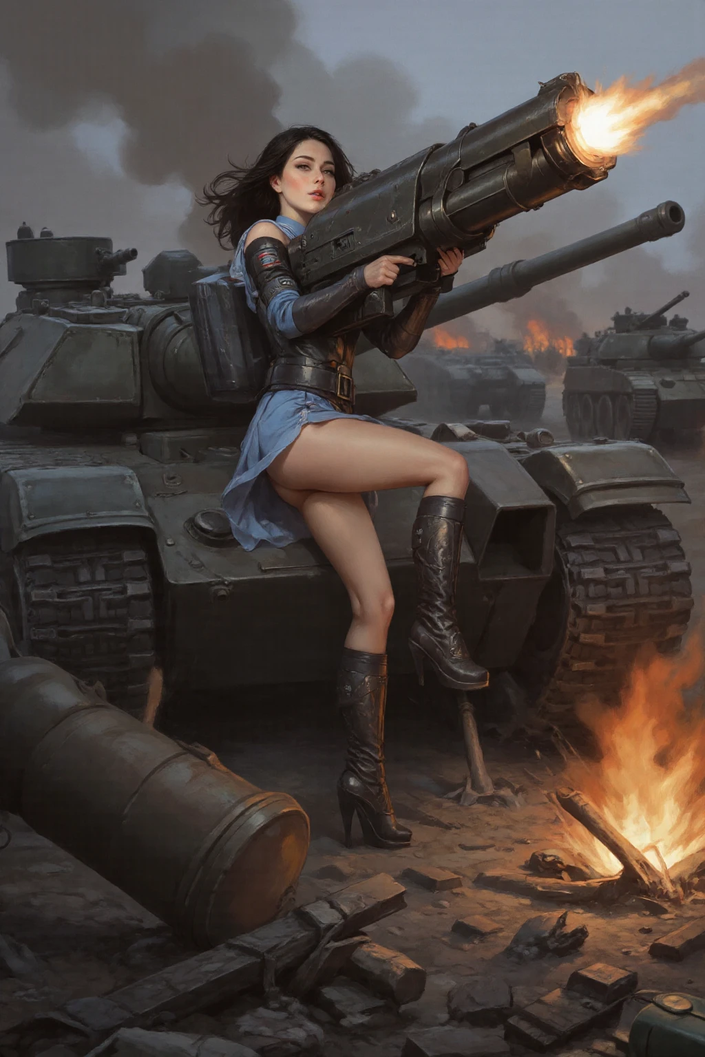Social realism, nude girl, <lora:SovietPunkAIv2:0.6> watercolor, riding a tank, soviet star, soviet flag, kremlin, epic, gorgeous