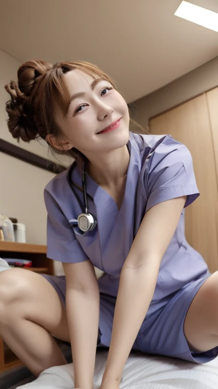 POV, (ojou-sama pose:1.5), (Cowboy shot:1.2), (masterpiece:1.3), high resolution, ultra detailed, extremely detailed CG unity 8k wallpaper, realistic, photo-realistic, RAW photo, beautiful detailed face, Korean woman, pale skin, realistic skin, detailed cloth texture, detailed hair texture, Perfect proportion, Beautiful Face, accurate, Anatomically correct, Highly detailed face and skin texture, natural neck length, (beautiful hands), (fair skin:1.2), Thin legs, Thin feet, BREAK Detailed eyes, symmetrical eyes, Light Brown eyes, Double eyelids, Thin eyebrows, (Glossy lips:1.4), (Goddess smile:1.2), BREAK (A Classy and Cute girl:1.3), (Wearing medical uniform:1.2), (medium large breasts:1.2), (slender figure), (Dark brown hair, wavy hair), ((Medium long hair, asymmetrical bangs:1.2)), (looking at viewer:1.2), From front, BREAK, (hospital bed:1.2),
