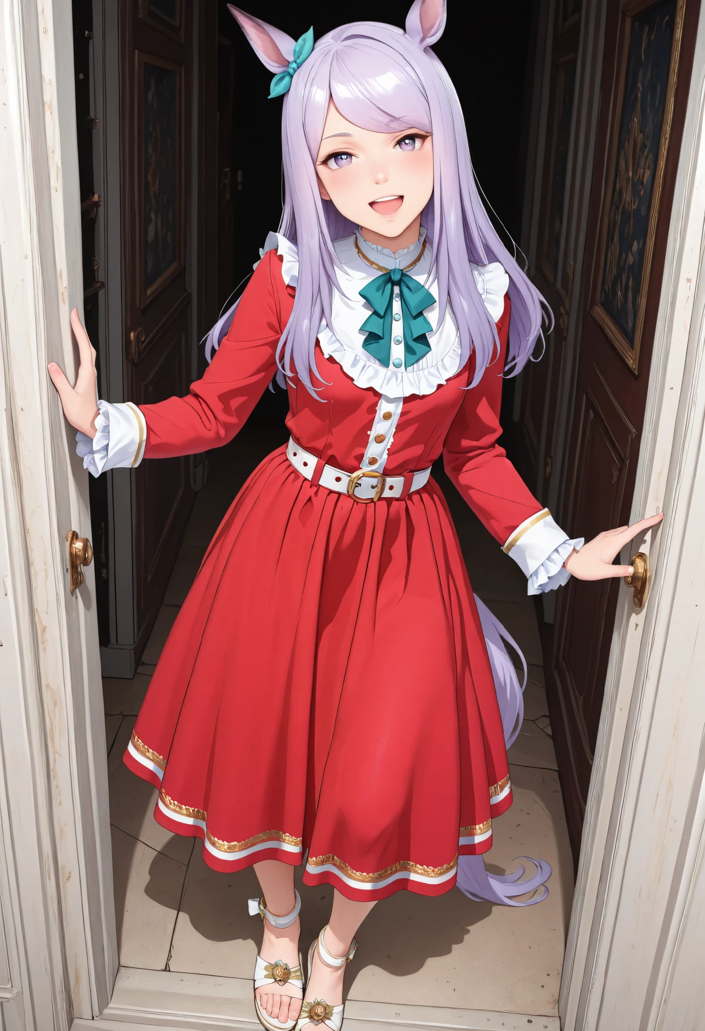 (masterpiece, best quality, perfect face:1.4), wide angle, mejiro mcqueen\(umamusume\), small breasts, horse ears, horse tail, tail on the lower back, proportional body, proportional,1 girl, beautiful hair, beautiful face, beautiful detailed eyes, beautiful clavicle, beautiful body, beautiful chest, beautiful thigh, beautiful legs, beautiful fingers, looking at viewer, BREAK, ((long red dress with long sleeves)), red long sleeves, ((red long skirt that covers the legs,)), ((widewhite belt)), gold buckle, high-heeled white sandals, BREAK, blush happy smile (open mouth), textured skin, realistic skin, HDR, BREAK, good hands,