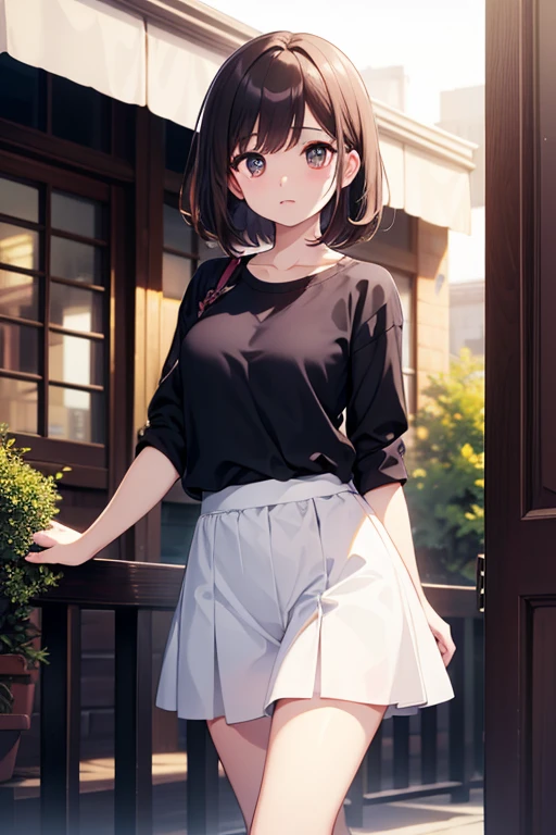 A 28-year-old Japanese woman is walking down the street.、she is wearing casual clothes、She wears a cap with a black brim and a white front.、she is wearing a long black skirt、She is wearing a peplum blouse、She's looking at us、She is a slender woman with dark brown hair and a fluffy long bob.、small breasts、slender、A cup breasts、An illustration、二次元An illustration、Japan anime、drawn by Japanese ilastrator、high resolution、4K quality、high quality、High resolution、5 million pixels、high detail、