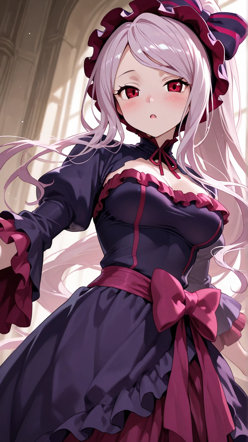 Krul Tepes, a succubus girl, bat wings on her back, ornament hair, vampire girl, perfectly body, perfectly hands, wave hair, pink hair, long hair, maid, maid dress, maid headdress, maid apron, gothic castle scenery, gold lantern, gothic style, great hall with a stairway on background, black dress, more details on her clothes, black dress with golden details, night, smiling, coat, ((4k, masterpiece, top-quality)),8k, best quality, high resolution, HD, (illustration:0.8), super cute girl, delicate and beautiful face, 1girl, solo, mature girl, super cute hairstyle, (beautiful detailed eyes:1.6), extremely detailed face, perfect lighting, extremely detailed CG, (perfect hands, perfect anatomy), Best quality, cleavage, skirt, full Body,