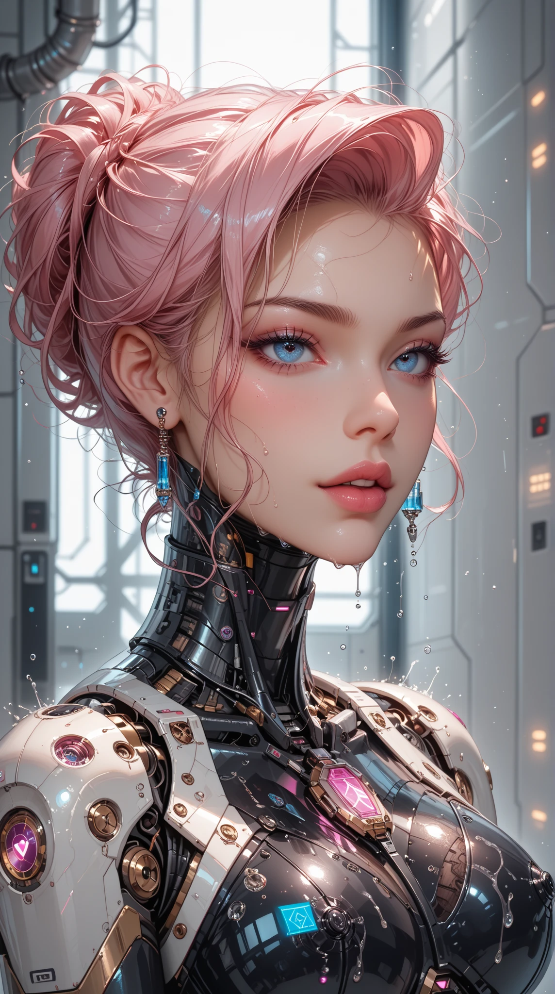 8k portrait of beautiful (cyborg) with pink hair, (Dua Lipa) , mecha musume scifi body suit, pauldrons, intricate, elegant, highly detailed, majestic, digital photography, art by artgerm and ruan jia and greg rutkowski surreal painting reflective, hairpin jewel, broken glass, (masterpiece, sidelighting, finely detailed beautiful eyes: 1.2), hdr,