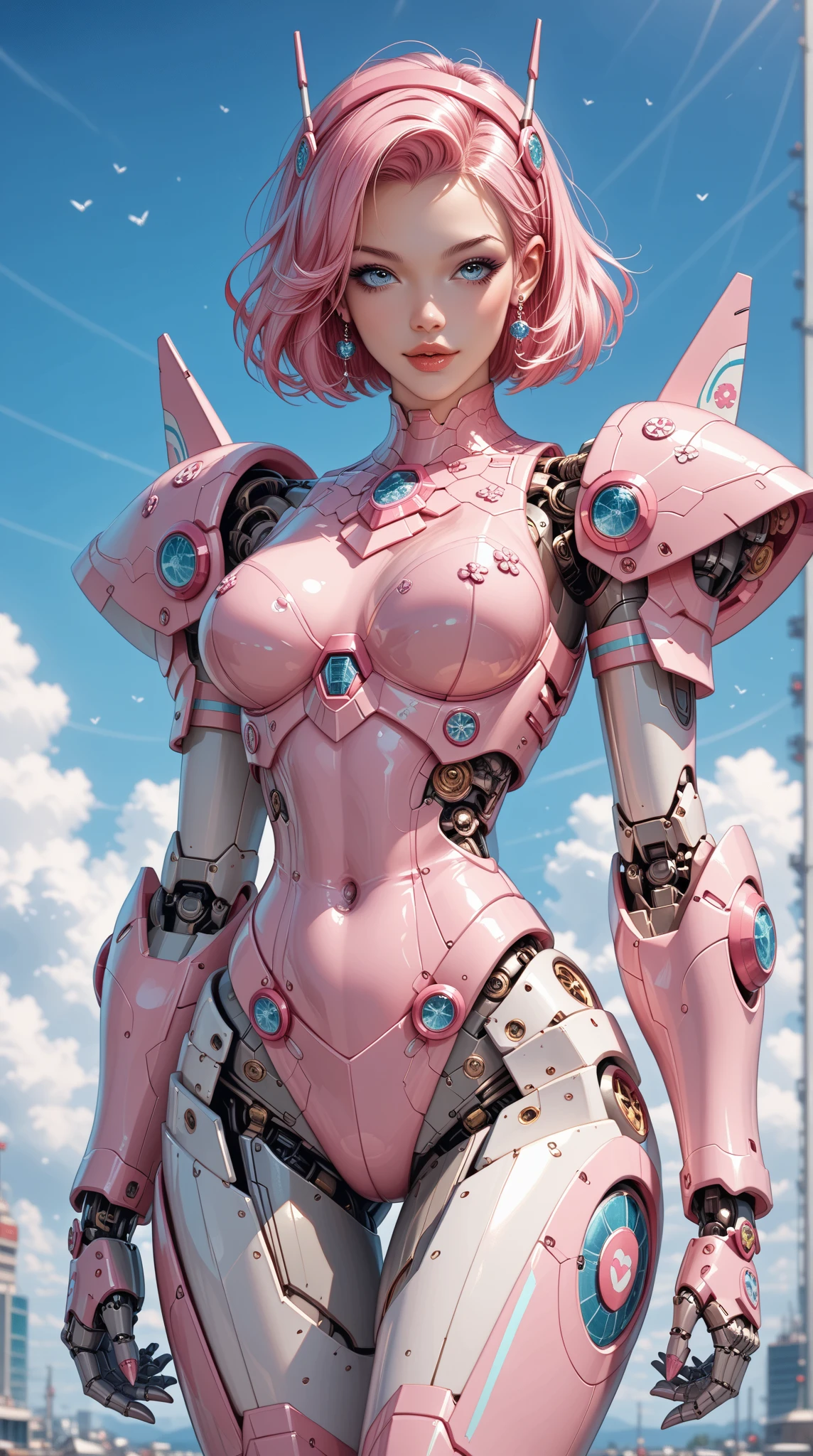 A gundam mecha, pink tulip decorations and color scheme piloted by a with bubblegum colored hair, cute gundam, cute girl, war torn city