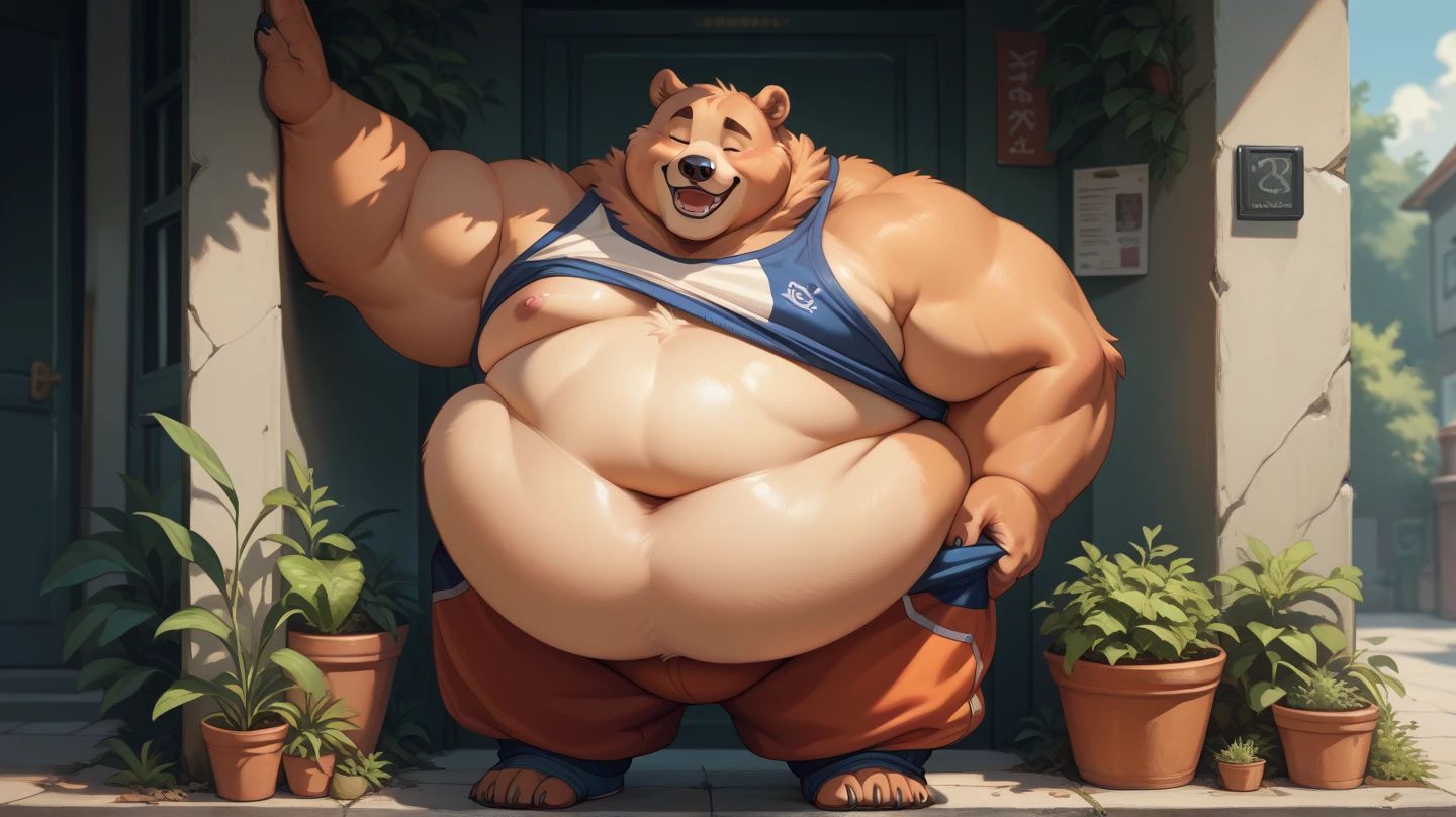 ((Masterpiece)),((Hight quality)),((Hught Detailed)),((Realistic,)) Anime Artistic masterpiece art, Concept anime art, Anatomy of character, Obese sumo wrestler Millionaire Boss Bear in underwear, He is very Obese and very muscular Sumo wrestler, Extreme Bloated in the comisary, He is a porn actor, standing in front of the camera, who is making a movie on a set posing sensually in front of the cameras to excite the viewers.