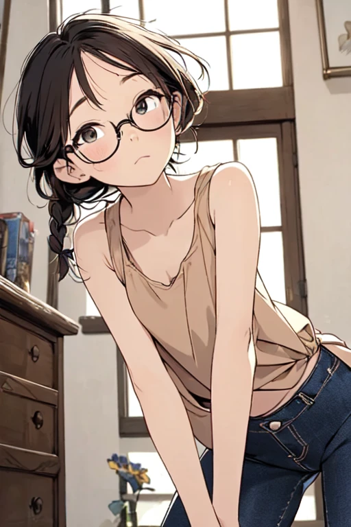 4K, masterpiece, 8k, high quality, 最high quality, in house, alone, 1 girl, In the room, Room Background, (Line art:0.6) , clean Line art, watercolor, Reading Glasses, Detailed glasses, Short black hair braided, Blunt bangs，Very short，Skin-tight shorts , Short denim shorts, Camel Toe，iris, Amber Eyes, barefoot，Small Ass，Thin thighs，Small picture frame，Flat Chest, Embarrassing, Tsundere，(very sensitive: 1.0), belly button, belly button, Detailed fingers，(Detailed skin：1.3), Glossy pink lips, Cartoon style character design,1 girl, alone，Big eyes，Cute expression, Looking up at the viewer, (Leaning forward:1.5), (Down blouse:1.5), (Very loose tank top shirt:1.5) 