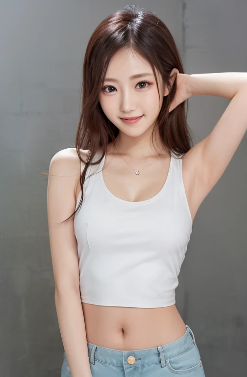 (NSFW)、(masterpiece、Highest quality:1.4)、 (8K resolution、Ultra-high resolution:1.2)、Detailed depiction face、Eye for detailed depiction、Detailed skin、Detailed hair、Glowing Skin、One girl,Detail and beauty that cannot be captured in reality:1.3、 Elegant and perfect figure、18-year-old、Beautiful Bangs、Highly detailed hair、Bright photography lighting,White wall background,Background Blur,Photo from the front of the woman、Facing forward、upright,Put your hands down,(whole body:1.3),,,,, (break crop top:1.2)