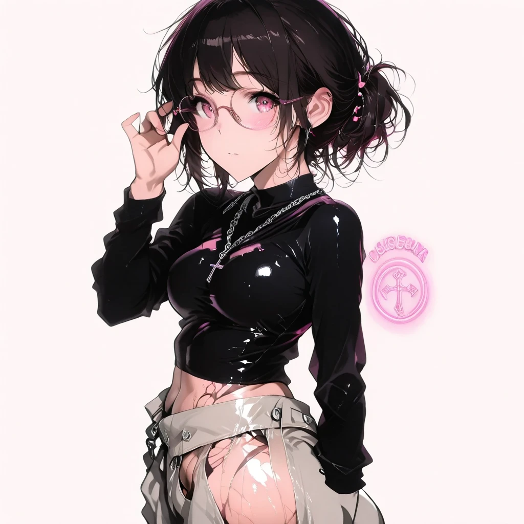 underdressing,Love,Playful,Sticking out tongue,Red Eyes,Sweat,Soaked,liquid,transparent,Expression of disgust,Back,Cropped tops,Leather Shorts,succubus,pink