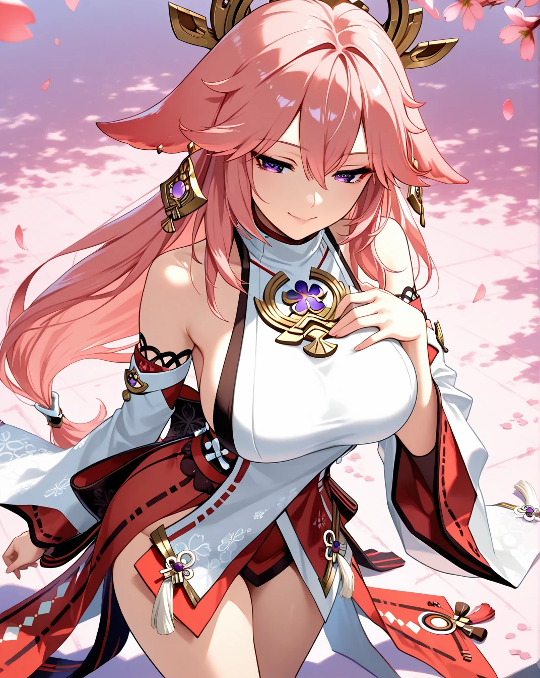 portrait,landscape,painting,illustration,yae miko, sleeves separated, strapless, (sideboob:1.45), pink hair, long hair, Japanese clothing,Winter snowflakes fluttering,festive atmosphere,(grand fireworks display in the night sky),sparkling fireworks,mesmerizing colors,romantic ambiance,amazing architectural design,twinkling stars,celebration of the new year,overwhelming sense of excitement,magical moment,inspiring and artistic composition. best quality,4k,8k,highres,masterpiece:1.2,ultra-detailed,realistic:1.37,