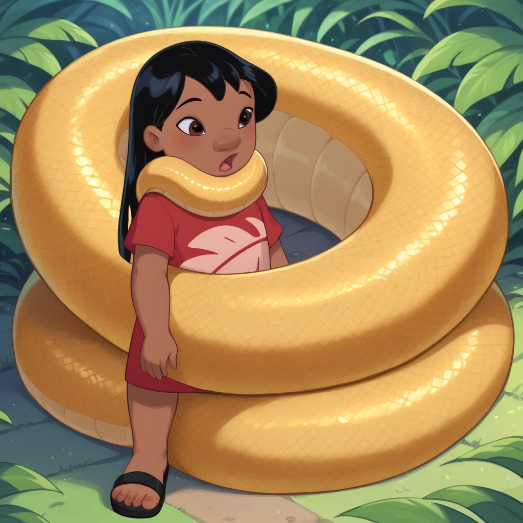 Pregnant Happy Horny, aroused 1girl), beautiful kneeling  young Indian teen Shanti  with  giant colossal Kaa monster squeezing her hard, wrapped in thick spiraling coils, constricted, struggle, gasping for air, snake attack, snake peril, jungle book 
