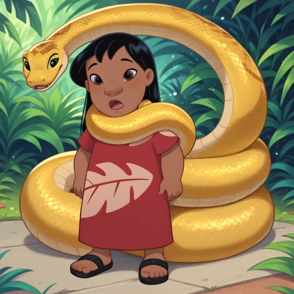 Pregnant Happy Horny, aroused 1girl), beautiful kneeling young Indian teen Shanti with giant colossal Kaa monster squeezing her hard, wrapped in thick spiraling coils, constricted, struggle, gasping for air, snake attack, snake peril, jungle book