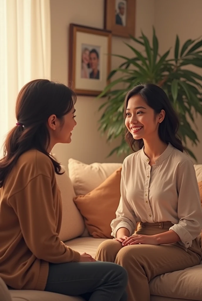 two people sitting on the chair in a room taking each other