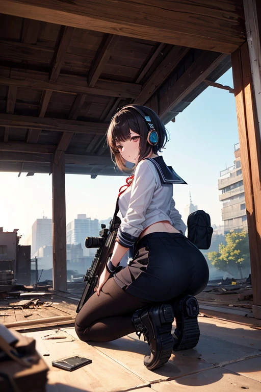 1girl, from behind, sniper, afb-lora, holding rifle, aiming, sniper rifle, scope, 50Caliber, lying on stomach, ass focus, on roof, office block, city center