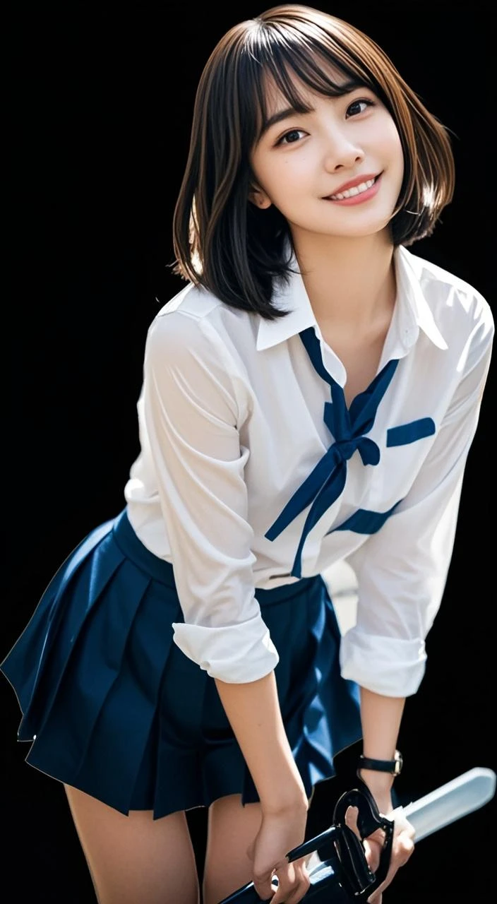 neat college girl、petite person、Outside the field、(Slimed、small tit、flat boobs、small tit)、Photorealsitic、detaileds, Skin Texture, ultra-detailliert、Delicate and sexy collarbone、A smile、Super Detailed Face、Detailed lips、A detailed eye、二重まぶた、White panties are visible from the skirt、((is standing、Schoolgirl Uniform、White panties are visible from the skirt、Sheer white shirt、Navy blue ribbon at the collar、Dark blue pleated micro mini、slightly lift the hem of the skirt with both hands,,,))、Shorthair with bangs、Straight bob hair、