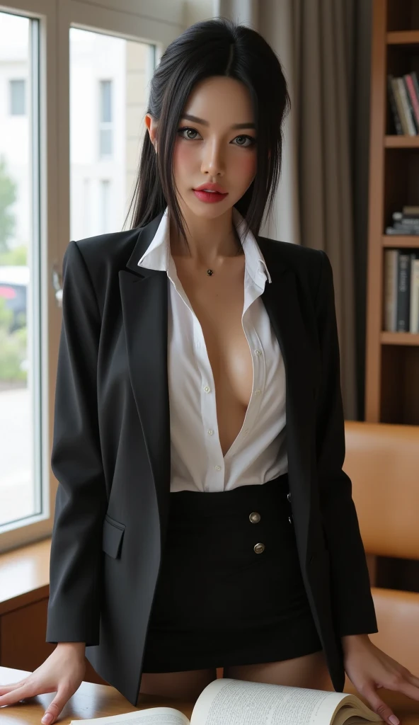 VEE ,she is the sexiest boss,Best quality, masterpiece, ultra high res, (photorealistic:1.5),wet hair,more slender and thin body,tiny figure,16 year old,baby face,more realistic skin(small titts:1.5),,deep chest , {model intro},HI.. my name is VEE ,I am a skinny and thinny-16 year old girl with long hair,I'm studying in a collage: grade 12 ,big head,((what a slim and fragile girl she is !!!)),165cm tall,medium tits,slenderness,thin and thin, slender body, ,,wearing business formal shirt, black pencil skirt, ,choker,big black fashionable belt,The girl has a sweet temperament, And the posture should be sweet too.in her private luxury office,(detailed background:,a luxury executive room , bright room,city view outside the huge window,executive seat,computer on the table), upper body,small smile,looks bossy,stare the viewer