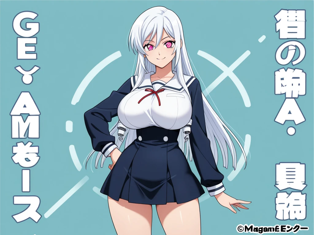 masterpiece, best quality, ultra-detailed, extremely detailed,illustration, 1girl, solo, cleavage, labcoat, pink skirt, miniskirt, large breasts, thighs, smile, open mouth, hand on hip, room, indoors, cowboy shot, <lora:twoearle-oretwintail-01:0.8>