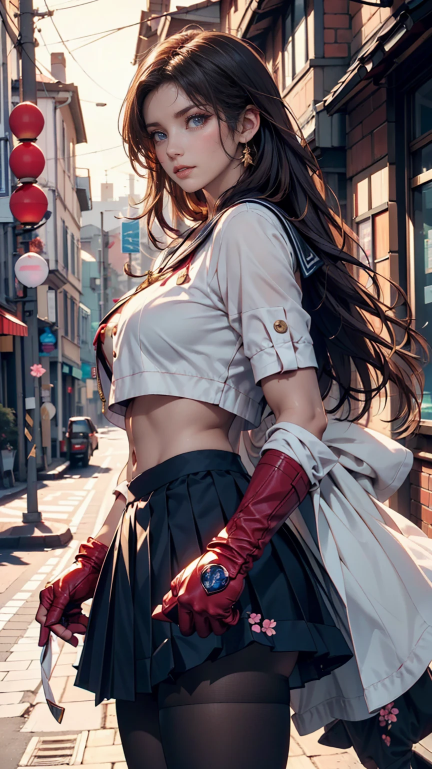 a super heroine brunette very embarrassed in the street. She has scratches. her costume is torn. we see a nude breast through a tear in her costume and her panties through her tattered skirt. his cape is in tatters