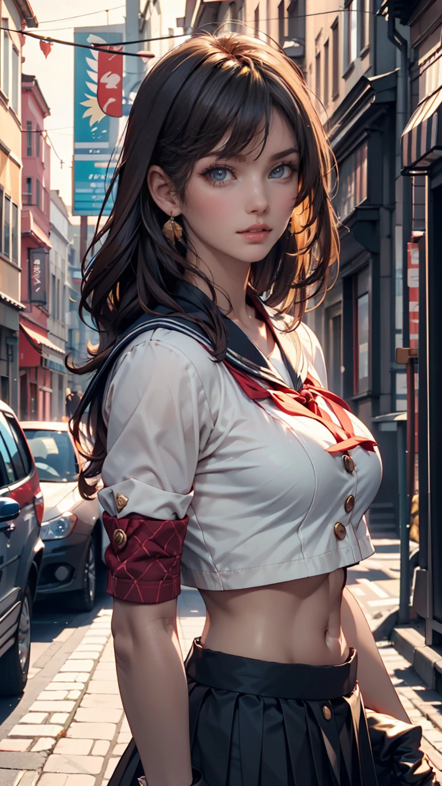 (masterpiece,up to date,Exceptional:1.2), anime,One person,前hair,black_hair, Beautiful 8k eyes,green_null,bridge,building,city,city,cityscape,cloud,Day,dress,Looking_in_Audience,Outdoor,red_Neckwear,red_ribbon,ribbon,river,short_hair,short_sleeve,null,nullscraper,一人in,Are standing,town,winer