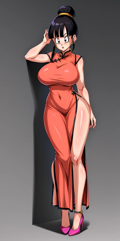 high quality), female ranma, JK, short red bikini, tight stockings, High heels, seductive smile, light blush, looking at the viewer, huge breasts, precise hands, pose sexy, detailed background, Red hair, wavy fur