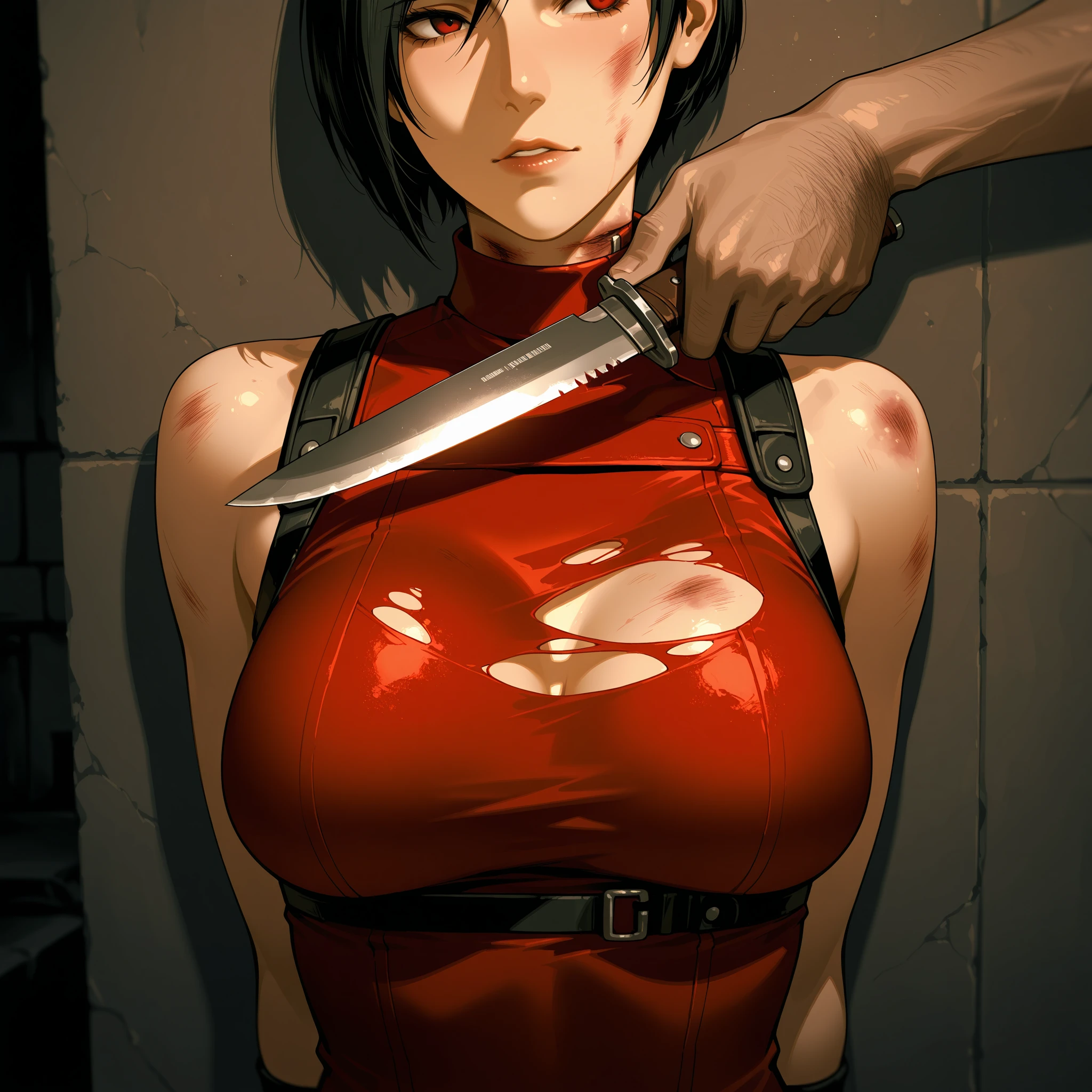A young and cute Japanese female street fighter。My body was slammed against the wall of the alley、He has been punched in the face by his opponents many times.。Short black hair。Sweating a lot。Covered in blood。Crying。Both eyes closed。shortness of breath。Drooling from the mouth。naked。Denim shorts。Open Finger Gloves。Erect nipples。