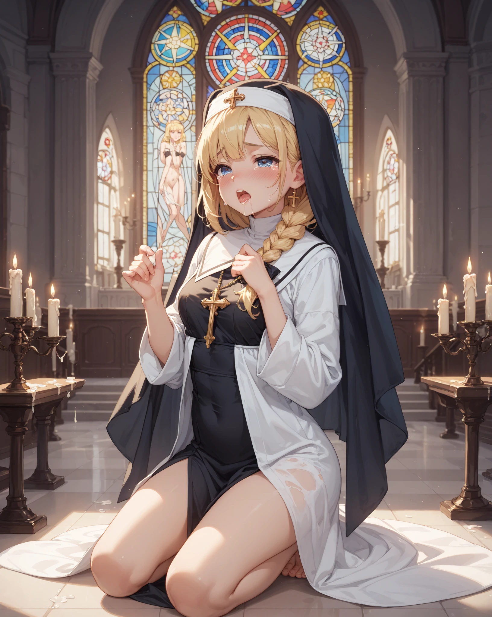 Girl with huge breasts wearing a bra and a nun's outfit with a huge lace cleavage praying in the church