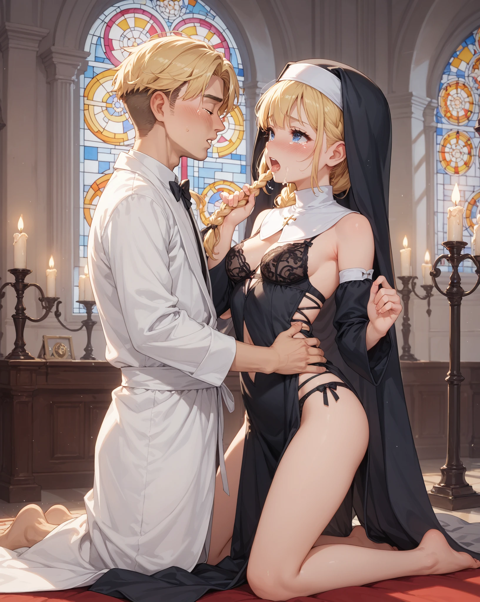 score_9, score_8, score_7_up, 1girl, 1boy, magnificent body, pubic hair, beautiful sexy nun, she is beautiful and very hot, grand setting, doggystyle, sex for salvation, Ecstasy