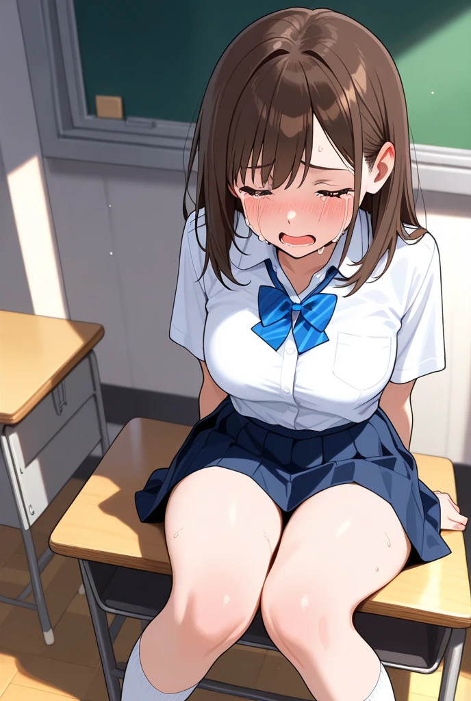 ((masutepiece,Best Quality)),girl with, Solo、1 persons、kawaii,((14-year-old junior high school girl:1.5)),flat chest,Beautiful detailed black eyes, School uniform, Black hair,bluntbangs,straight haired、Long,disgusted eye, lightsmile, groin, Classroom,Sleeping, (Sweating:1.3), Lying down,(Clear liquid is dripping from her crotch:1.2), Coercion of sexual sensations, bashful, Heavy breathing, (Steam breath:1.2), spread Vaginal,Trembling girl,(:1.3),Tears at the corners of the eyes,,,(vaginal,SEX:1.5),Woman on top,(Ejaculation into the vagina:1.3)