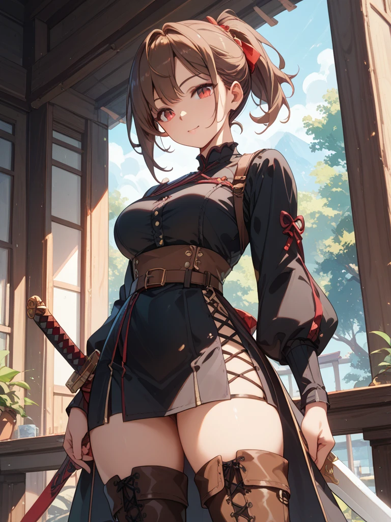 Masterpiece: 1.2, best quality), realistic, (real picture, rich details details, depth of field), (1girl, solo), makeup, cleft lip, high detail, perfect face shape, (big breasts: 1.4), (skindentation), thick thighs, wide buttocks, Thin waist, tall, coral, red lips, red eyes, ponytail (girl playing badminton, light tulle, tulle transparent white skirt), (sweat: 1.2), (wet), sexy, blush, (shy expression, expression)