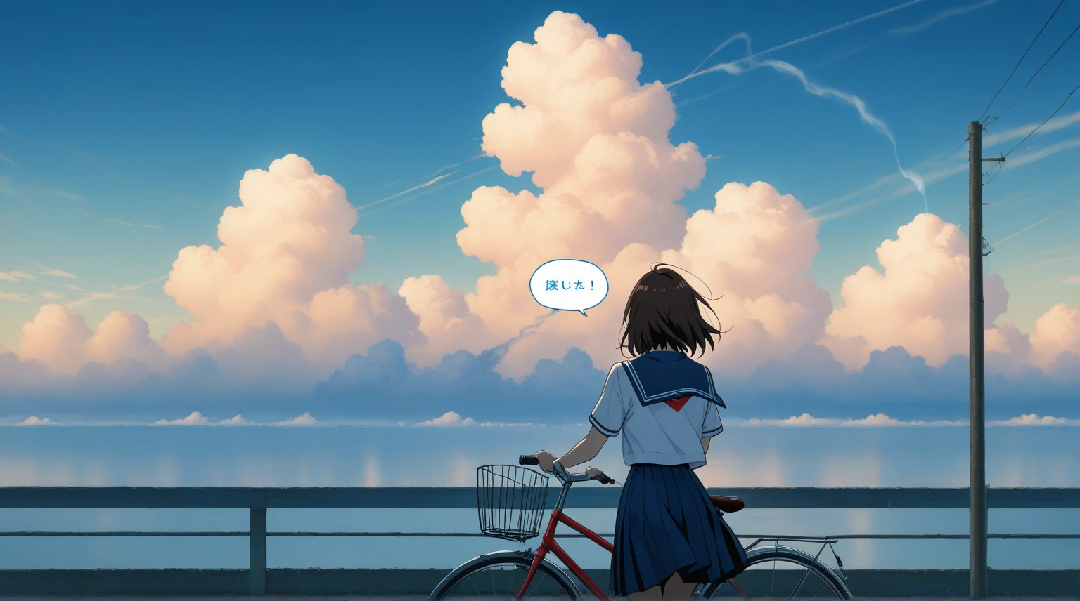 1 high school girl with short brown hair. She was supposed to wear a traditional Japanese , consisting of a white blouse with a blue collar and a blue pleated skirt. The girl stood on the bridge, holding the camera, and looking back with a cheerful expression. The background should feature a bright blue sky with fluffy white clouds and some power lines in the distance. Make sure the lighting is warm and captures the calm and nostalgic atmosphere of summer