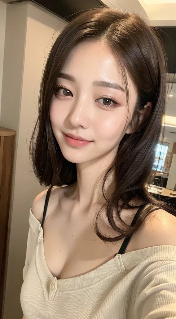 （Lifelike， hight resolution：1.3）， 1 girl with a perfect body， super fine face and eyes，length hair， Tank top of random colors：1.2， Short jeans， Big boob，Expose cleavage
