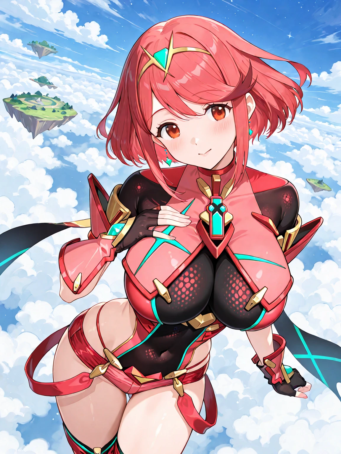 pyra \(xenoblade\), teen_1girl, loli, bangs, black gloves, breasts, red eyes, shout, earrings, eyelashes, fingerless gloves, floating hair, , gem, gloves, hair ornament, headpiece, jewelry, gigantic_breasts, leaning back, swimsuit, neon trim, official art, pose, red hair, saitou masatsugu, short hair, sidelocks, skin tight, solo, swept bangs, thighhighs, tiara, fantasy_town_background, underbust, xenoblade chronicles \(series\), (xenoblade chronicles 2), (spread_legs:1.1), fire_effect,dynamic_pose,fighting,light_smile, (plump:1.1), big_ass,huge_sword, hold_large_sword_hilt, covered_nipples, covered_pussy, fists,ponytail,beautiful_fingers,(solo:1.1), bare_shoulder,(shoulder_naked:1.2), nipple_jewel,back, back_view, focus_ass,ass, very_short_shorts