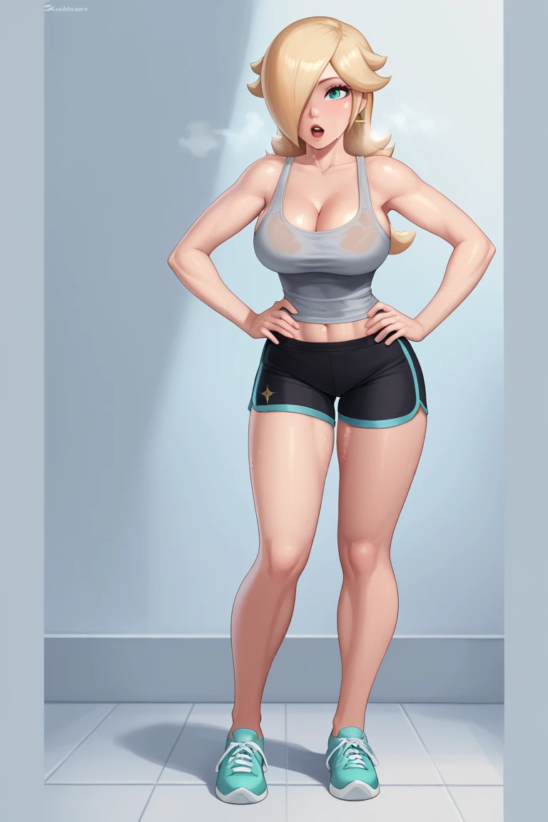 (masterpiece, best quality:1.2), Supergirl something unlimited, 1girl, breasts, blond hair, shorts, cleavage, long hair, solo, navel, dolphin shorts, looking at viewer, doorway, long hair, black shorts, blush, short shorts, open mouth, blue eyes, midriff, sweat, collarbone, thighs, huge breasts, bare shoulders, bangs, door, camisole, parted bangs, large breasts, cowboy shot, standing, tank top, crop top, white camisole, white tank top, spaghetti strap, breath, indoors, opening door, arm behind back, open door