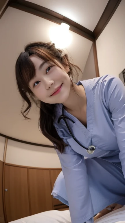  (cowboy shot), 1girl, (incoming hug, reaching towards viewer:1.4), seiza, smiling, beautiful Japanese female doctor wearing white labcoat, beautiful detailed face, slim, Japanese woman, black hair, pale skin, realistic skin, detailed cloth texture, detailed hair texture, Perfect proportion, Beautiful Face, accurate, Anatomically correct, Highly detailed face and skin texture , looking at viewer , modern hospital room, photorealistic