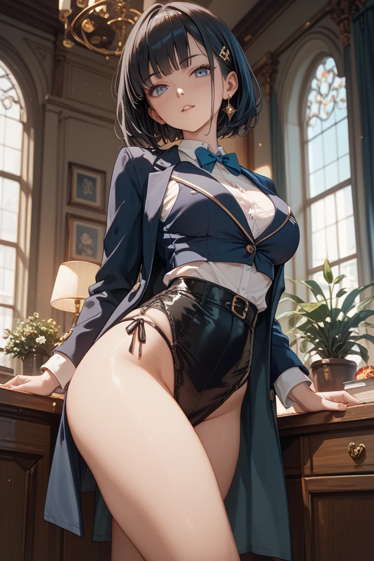 beautiful teenage girl, medium breasts, cleavage, thin body, very short hair, purple hair, blue eyes ((freckles 1.5)), seductive, smiling, blushing, off shoulder sweater, micro pleated skirt, thigh high socks, garter straps, schoolgirl shoes, thin frame eyeglasses, detailed background, light rays, castle interior, Hogwarts, Hufflepuff student