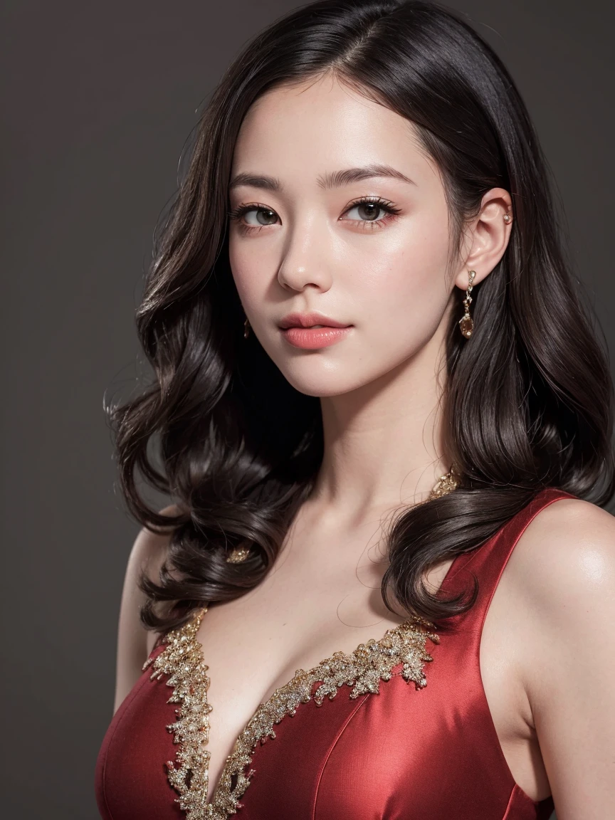 (extra detailed body、extra detailed face、best qualtiy:1.2)、femele、looking at the viewers、(Fantastico clothes、fashionshow、Mode system、Fancy accessories、reddish)(Cream wall on background)