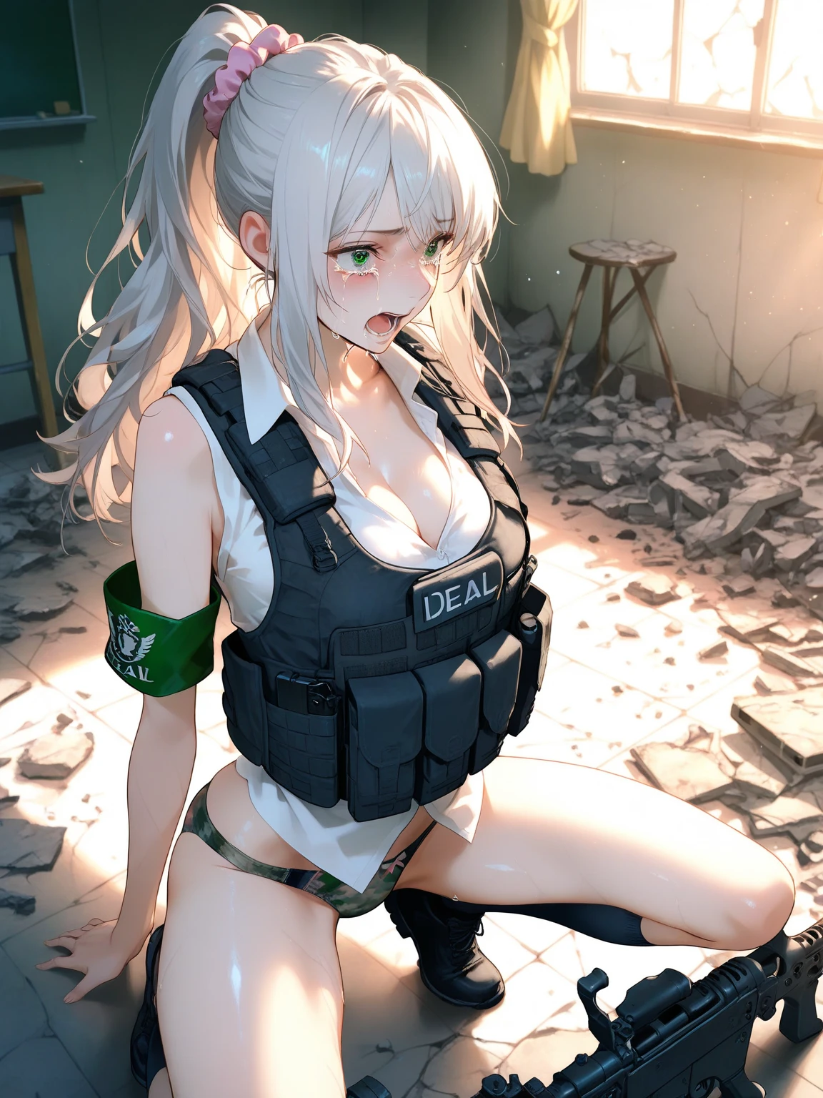 (kinako_(shiratama_mochi) style, ((topless)), nsfw, masterpiece, 1 girl, erect nipples, intricately detailed, navel, bare shoulders, white hair, hard hat, construction site, towel on neck, wiping sweat, baggy pants, cargo pants, extremely detailed, bare breasts, puffy nipples, green eyes, bare stomach, sweaty, medium breasts, arm strap, full body, worker boots, holding sledgehammer, mature, chain, soft eyes, smiling, sunlight, day