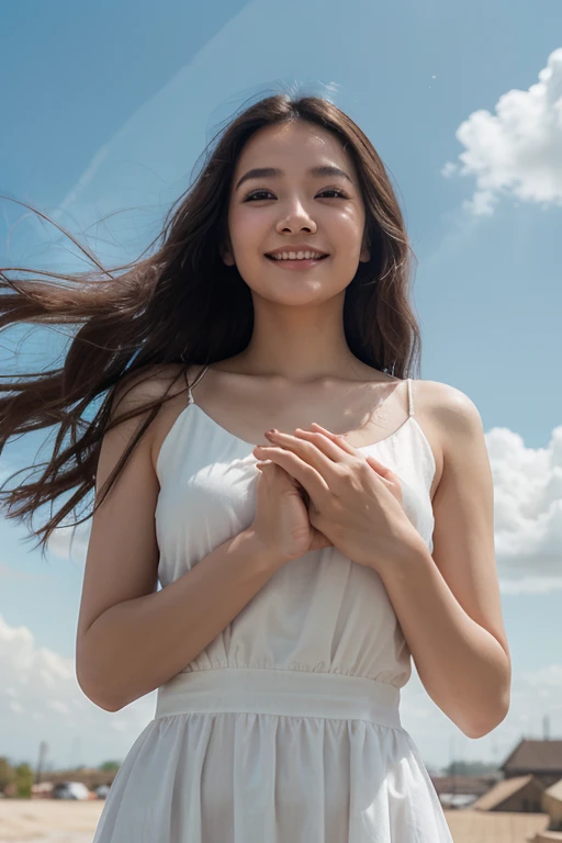 1 woman、Wedding、Beautiful style、Super high quality、whole body、beautiful skin、Japanese、innocent smile、Pull angle of view、realistic pictures、delicate、clear、white background、pink dress、look up at the sky
