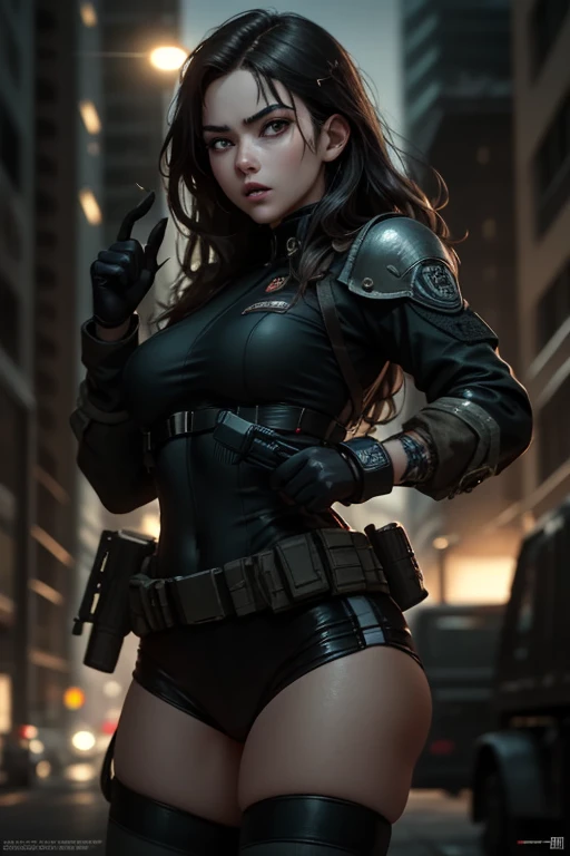 "Complete artwork masterpiece, high quality, ultra detailed in 4k, 8k, high resolution, hyper-realistic photo, hyper-detailed, realistic skin texture, amazing shadows, background, extremely detailed texture, perfect lighting, high-level image quality." The female protagonist of a zombie shooting (resident evil) game, brown skin, Full body, various poses, Black leather armor, long black hair, brown eyes, defined face, small breasts, collar, use reference picture as role model, high detailed ravaged city at night in the back