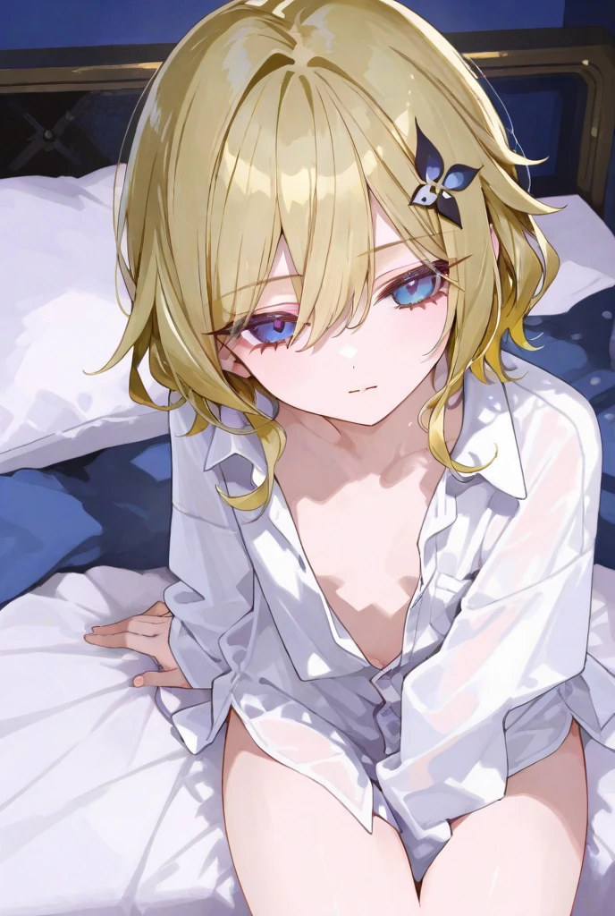 "(Best Quality,4k,8K,hight resolution,Masterpiece:1.2),(Masterpiece), Best Quality, expressive eyes, a perfect face, male, 1boy, 独奏, in a skirt, Stockings, confusion, open belly, This body, liying on bed, Michaela, Mikaela Hyakuya, Michaela's outfit, blonde, blue eyes, Short hair, blusher