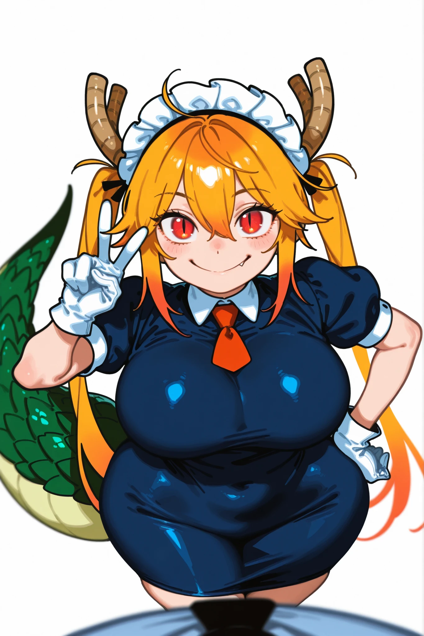 <lora:dragongirl-1_dragongirl-2__dragongirl-3_dragongirl-4--retro_ham_avas_jun_rifl--09-01:1.2>,
(dragon girl:1.2), dragon horns, tail,
1girl, apron, bangs, blonde hair, breasts, dragon girl, dragon horns, dragon tail, gloves, horns, large breasts, looking at viewer, maid, maid headdress, necktie, one eye closed, open mouth, orange eyes, shirabe shiki, shrugging, simple background, solo, tail, white background