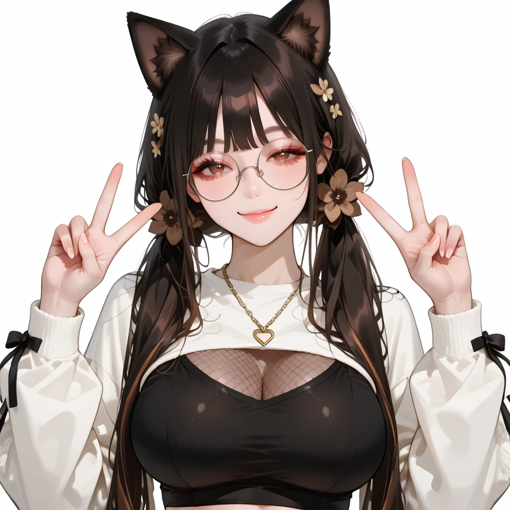 (fluffy anthro furry :1.6),fox girl,black long hair,wavy hair,white fur,medium breasts,cleavage,glasses,yellow tanktop,thorn black pants,nipple erection,arm bracelets,bracelets,heart collar,tokyo,street,full face blush,looking at viewer,beautiful face,grin,close up,heavy breath,heart eyes,heart eyes expression,two hands selfie,front view