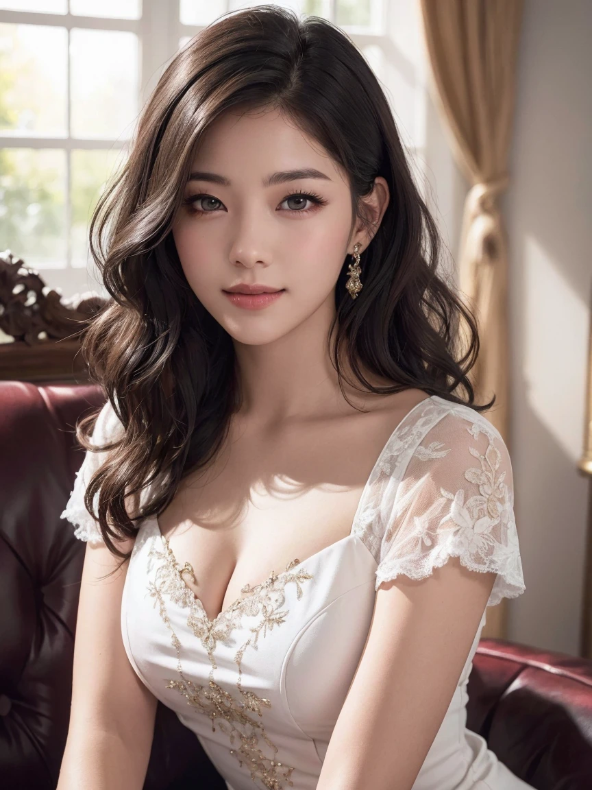 highest quality、4K、Beautiful lady、Perfect Face、Perfect Style、perfect body、Sunburn、beautiful lady、mature、long curly layer brown hair、Swept-back hair、full body, sexy 、charming、healthy、wedding dress